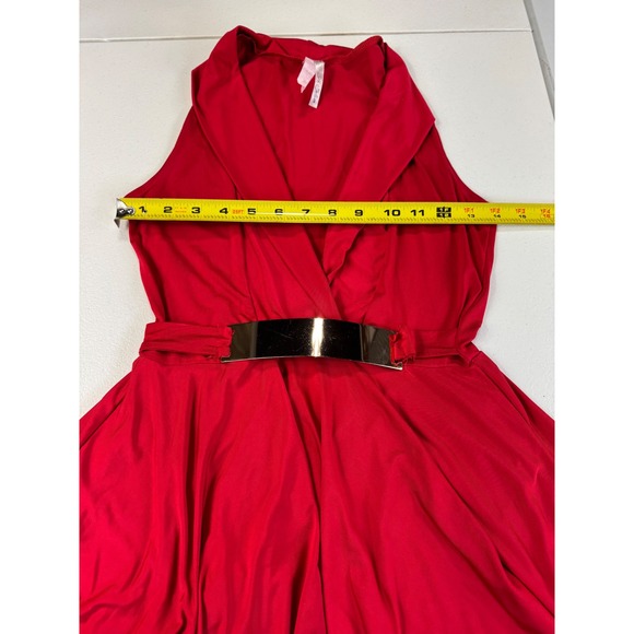 Sleeveless blouse Red Sheer Collar Party Cocktail top with Belt - Picture 4 of 9